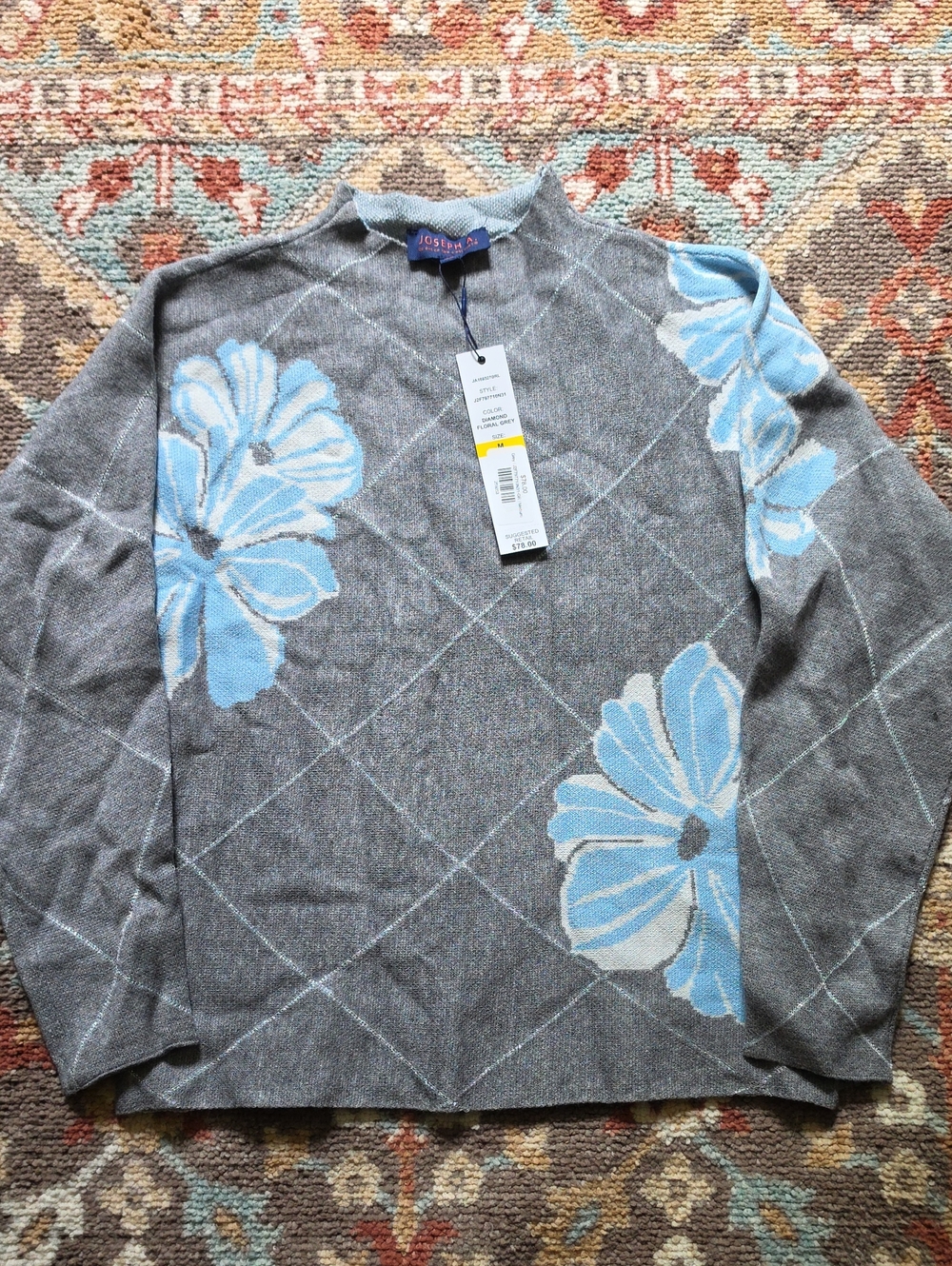 Joseph A. Gray Crewneck Sweater with Light Blue Floral Motif Silver Stitching